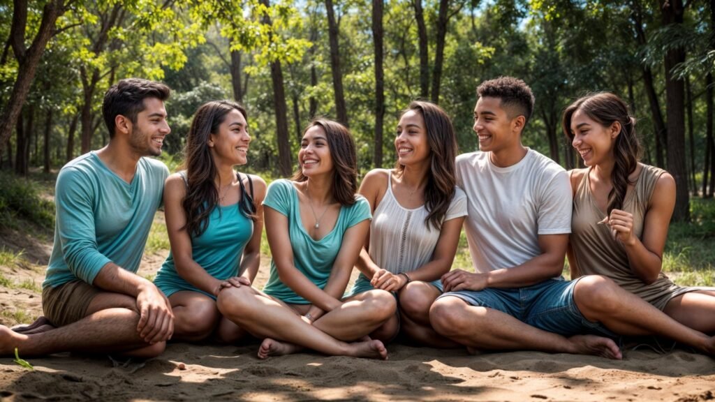 Un groupe d’amis souriants, assis ensemble en plein air, entourés de nature, partageant un moment de complicité. L’image évoque la chaleur humaine et la force des liens amicaux. citation amitié