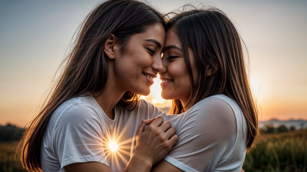 Illustration chaleureuse montrant deux amis partageant un moment de complicité en plein air, dans un cadre naturel. L'image capture l'essence de l'amitié avec un coucher de soleil doux en arrière-plan, des sourires sincères, et des gestes d'affection, comme une accolade ou une discussion animée. Les couleurs devraient être chaudes et apaisantes, reflétant la beauté de l'amitié et l'esprit de soutien mutuel. L'ambiance doit évoquer la tendresse et le lien profond entre deux personnes, symbolisant les meilleures citations sur l'amitié.