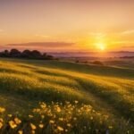 Une image apaisante représentant un coucher de soleil doré au-dessus d’un champ de fleurs sauvages, avec des personnes assises en silence, admirant la beauté du moment. Les couleurs douces de l’horizon évoquent un sentiment de calme et de bonheur. Le mot "bonheur" peut être inscrit en lettres cursives dans le ciel, symbolisant la connexion entre la nature et le bonheur intérieur.