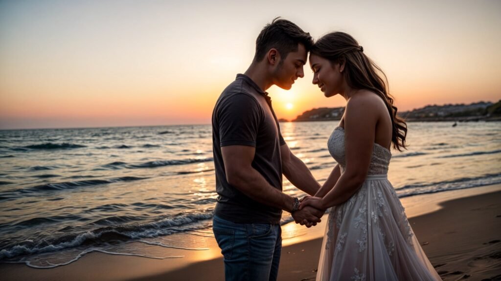Un couple amoureux, main dans la main, avec un coucher de soleil en arrière-plan, représentant la tendresse et l’amour partagé. Texte alternatif : « phrase d’amour pour lui dire je t’aime »