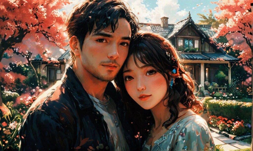 Un couple souriant devant une maison entourée de cerisiers en fleurs, créant une atmosphère , romantique et printanière, citation amour.