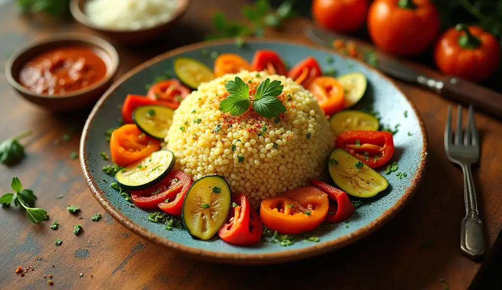  Une vue plongeante sur une assiette de couscous joliment présentée avec des légumes colorés cuits à la vapeur tels que des courgettes, des carottes et des poivrons, servis sur un plat en céramique traditionnel, accompagnés de harissa et d'herbes fraîches, dans un cadre de cuisine chaleureux, la lumière chaude du soleil traversant une fenêtre mettant en valeur les textures, prise avec un Sony A7R IV, objectif 35 mm f/1,8, palette de couleurs vives avec des tons terreux