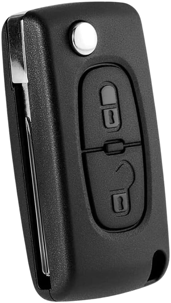 Coque de clé à rabat pliable à 2 boutons compatible CE0523 pour véhicules Peugeot et Citroën, permettant un remplacement facile de votre télécommande usée ou endommagée. Design moderne et pratique avec bouton de verrouillage et déverrouillage, idéal pour remplacer rapidement votre ancienne coque sans besoin de reprogrammer la puce.