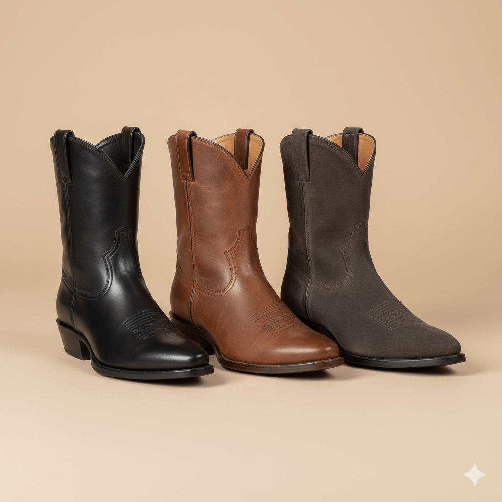 Trois paires de bottes santiags western pour homme en cuir noir, marron et taupe, alignées sur fond beige.
