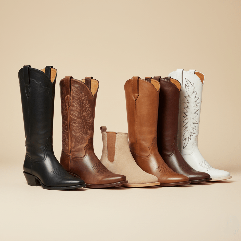 Alignement de plusieurs paires de bottes santiags en cuir noir, marron, beige et blanc sur fond beige, montrant différents modèles western.