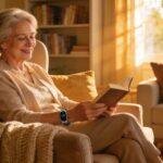 Femme senior souriante assise dans son fauteuil lisant un livre, portant un bracelet de téléalarme au poignet, illustrant le maintien à domicile en sécurité
