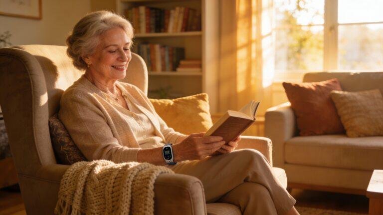 Femme senior souriante assise dans son fauteuil lisant un livre, portant un bracelet de téléalarme au poignet, illustrant le maintien à domicile en sécurité
