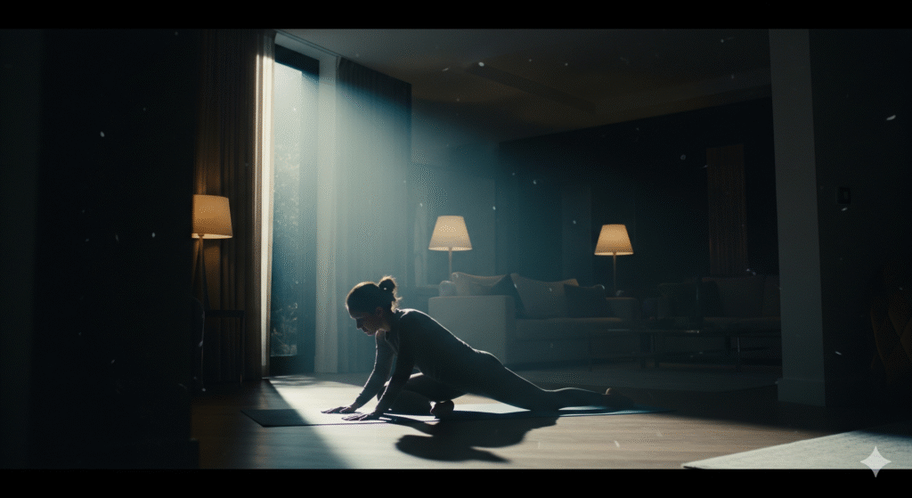 Une personne pratiquant une séance d'étirements et de yoga dans un salon moderne et apaisant, baigné d'une lumière naturelle cinématographique, illustrant le bien-être et la sérénité du sport à domicile.