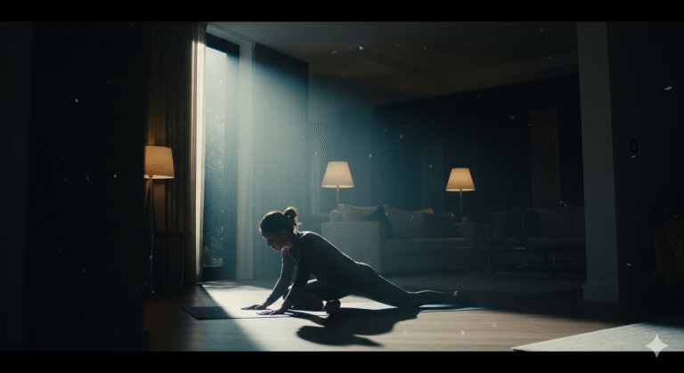 Une personne pratiquant une séance d'étirements et de yoga dans un salon moderne et apaisant, baigné d'une lumière naturelle cinématographique, illustrant le bien-être et la sérénité du sport à domicile.